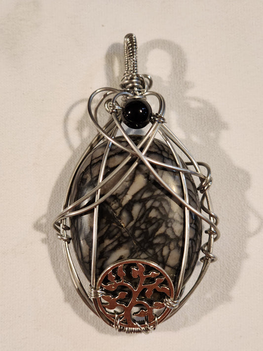 Picasso Stone and Obsidian Stainless Steel Pendant