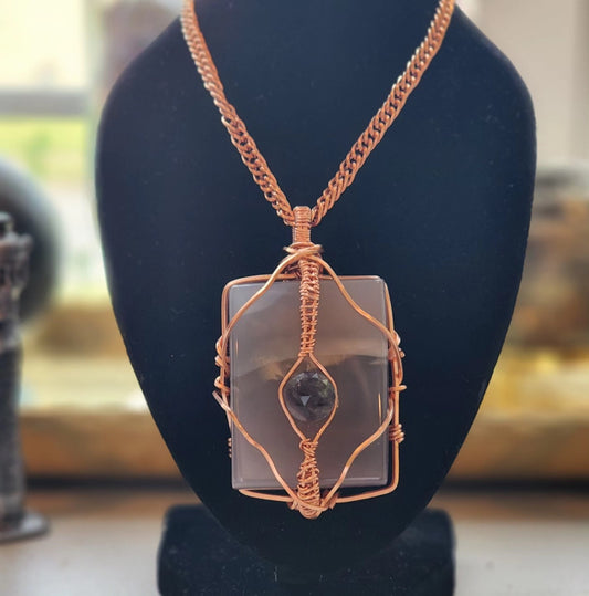Ice Agate and Fluorite Copper-Wrapped Pendant